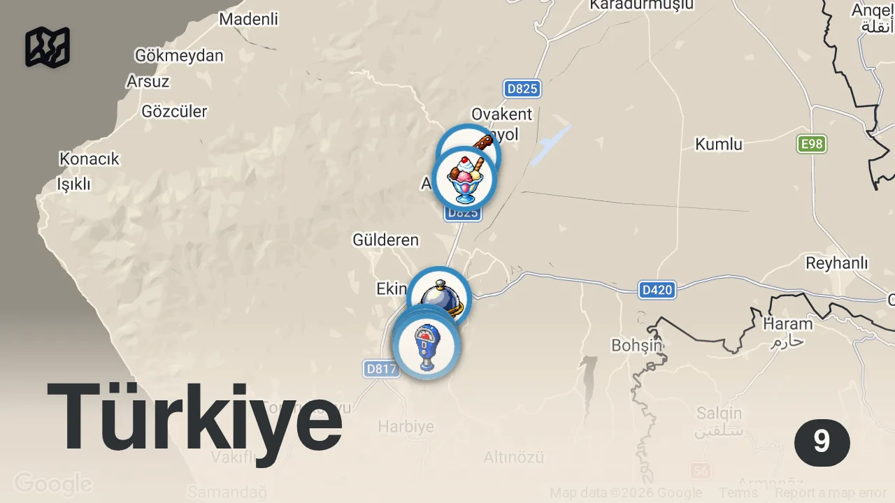 Map of 9 spots from ANTAKYA’DA 1 GÜNDE NE YENİR!!! Deprem sonrası Antakya!!!