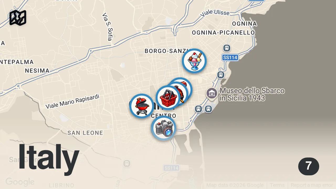 Map of 7 spots from CRAZY ITALIAN STREET FOOD In Sicily, Italy - CATANIA Food Markets, Restaurants & Bakeries
