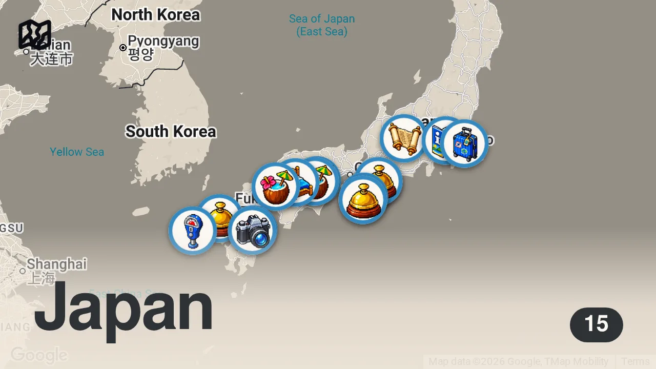 Map of 15 spots from 【2025年最新】フォトグラファーが選ぶ国内旅行おすすめ10選|絶景&日本らしさ&街並み