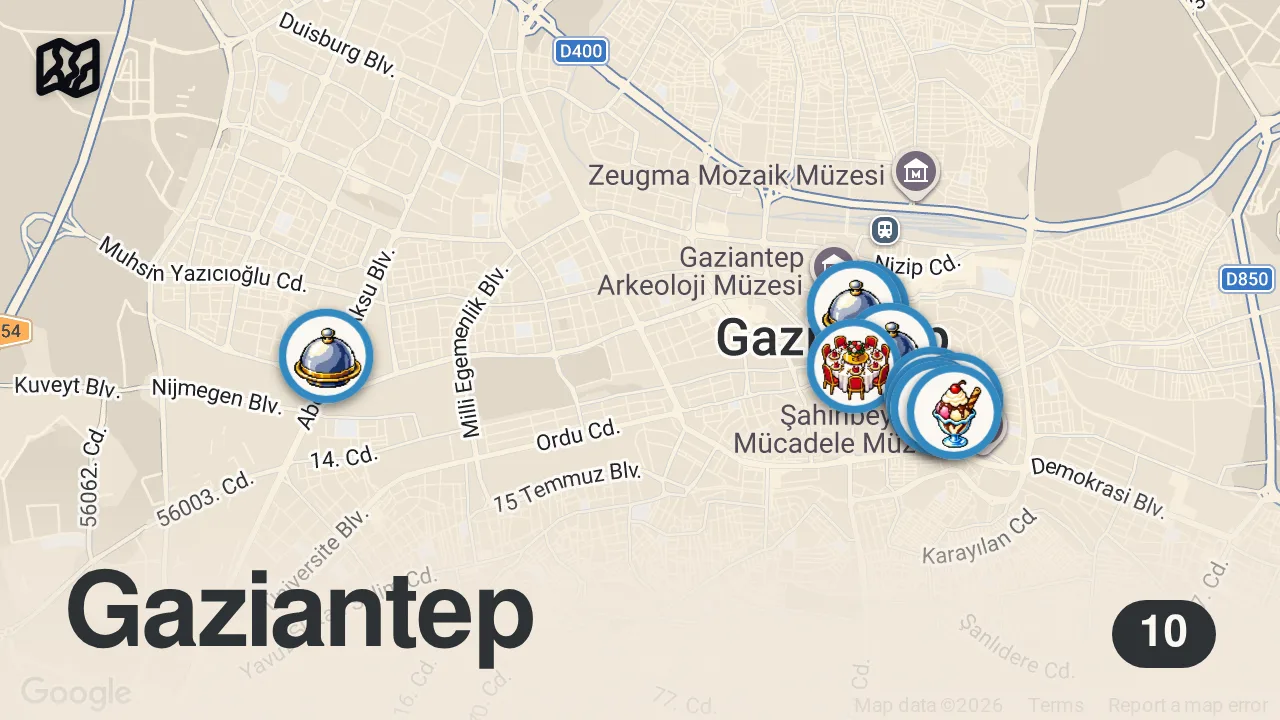 Map of 10 spots from GAZİANTEP LEZZET TURU: Baklava, Beyran, Ciğer Kavurma, Küşleme | Oğuz Yenihayat