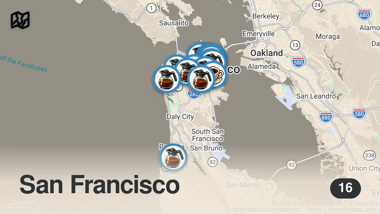 Map of 16 spots from I tried EVERY Coffee Shops in San Francisco
