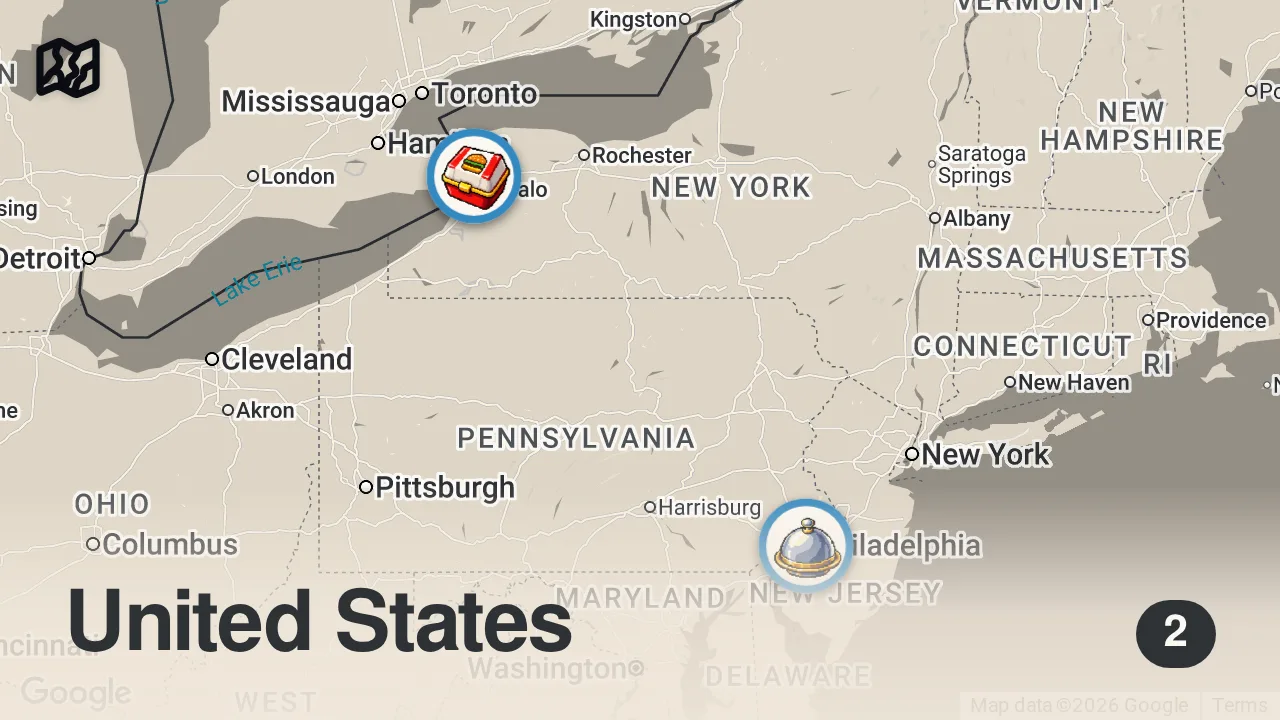 Map of 2 spots from $140 Waygu Cheesesteak