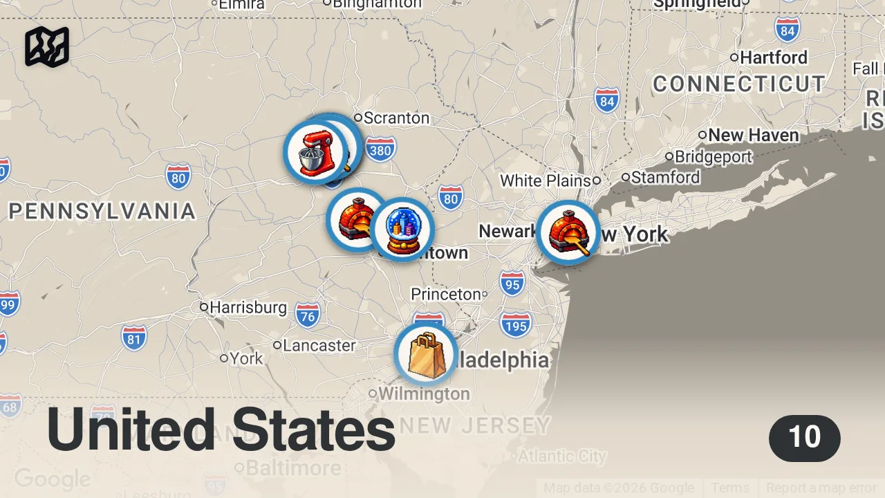 Map of 10 spots from SUNDAY SIPS: Episode 2 NEPA, Podcasts, & the latest Mech Drop. 2/7/21