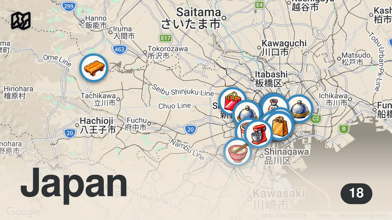 Map of 18 spots from 18 BEST Local Japanese CHEAP EATS in Tokyo Japan
