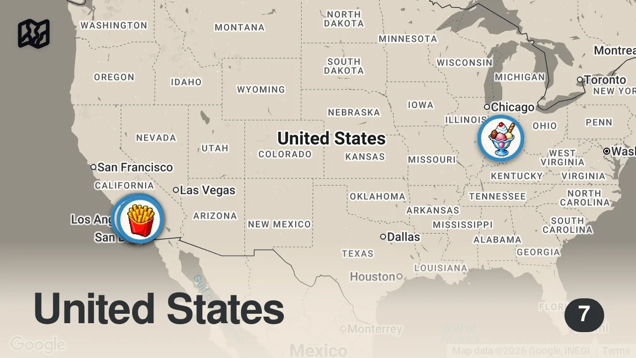 Map of 7 spots from Only Eating FREE Birthday Food For 24 Hours...