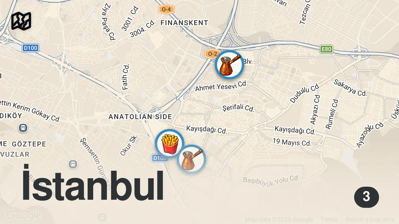 Map of 3 spots from Ataşehir'in 'bütçe dostu' lezzetleri: Kebap, Siverek tava, lise yıllarımın köftecisi ve Sloppy Joe