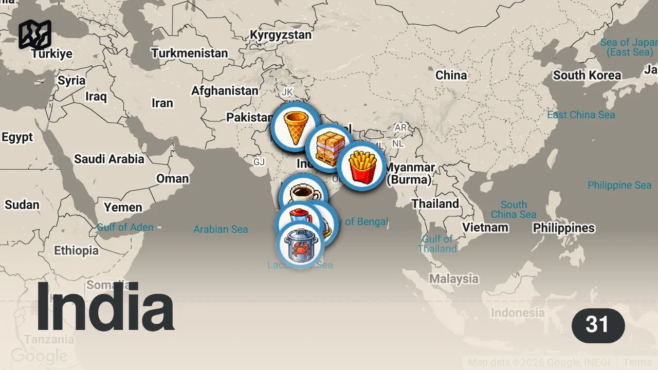 Map of 31 spots from 40+ Indian Street Foods Around India - OLD DELHI Kebabs + HYDERABADI Biryani + VARANASI Veg Tour