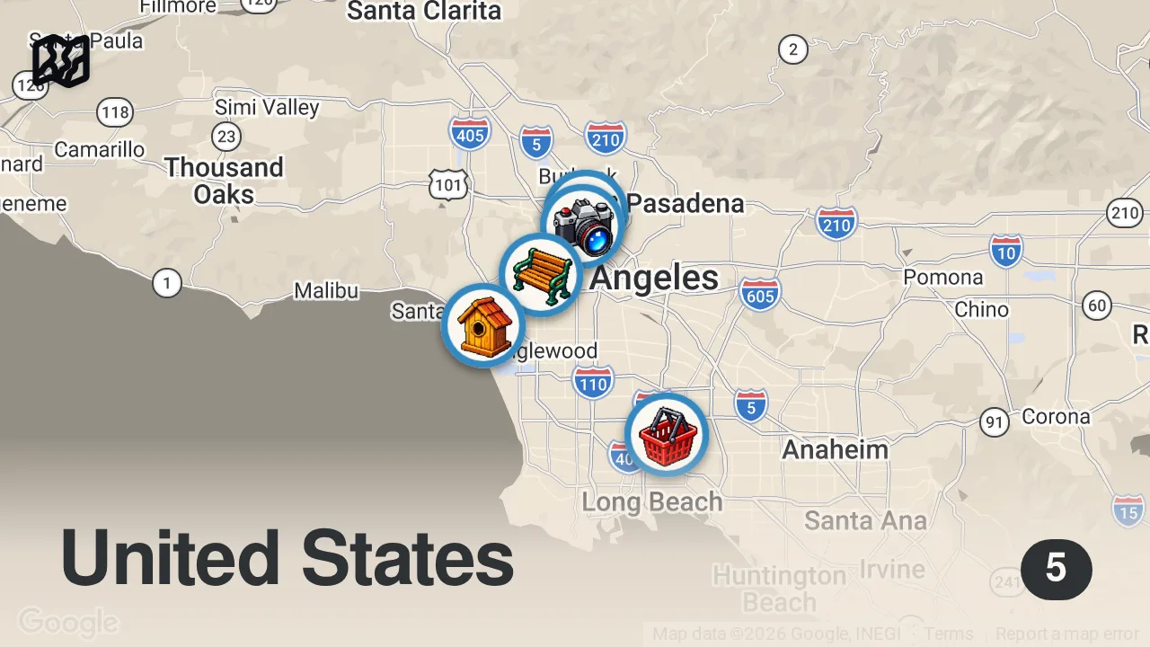 Map of 5 spots from A Day in L.A.(Marko's Birthday Vlog)