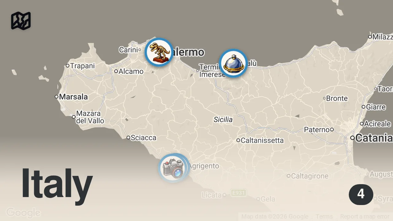 Map of 4 spots from 👉 Uçağı Palermo’ya İNDİRDİM! Sicilya’da Yediğim En Efsane Lezzetler! 🍕