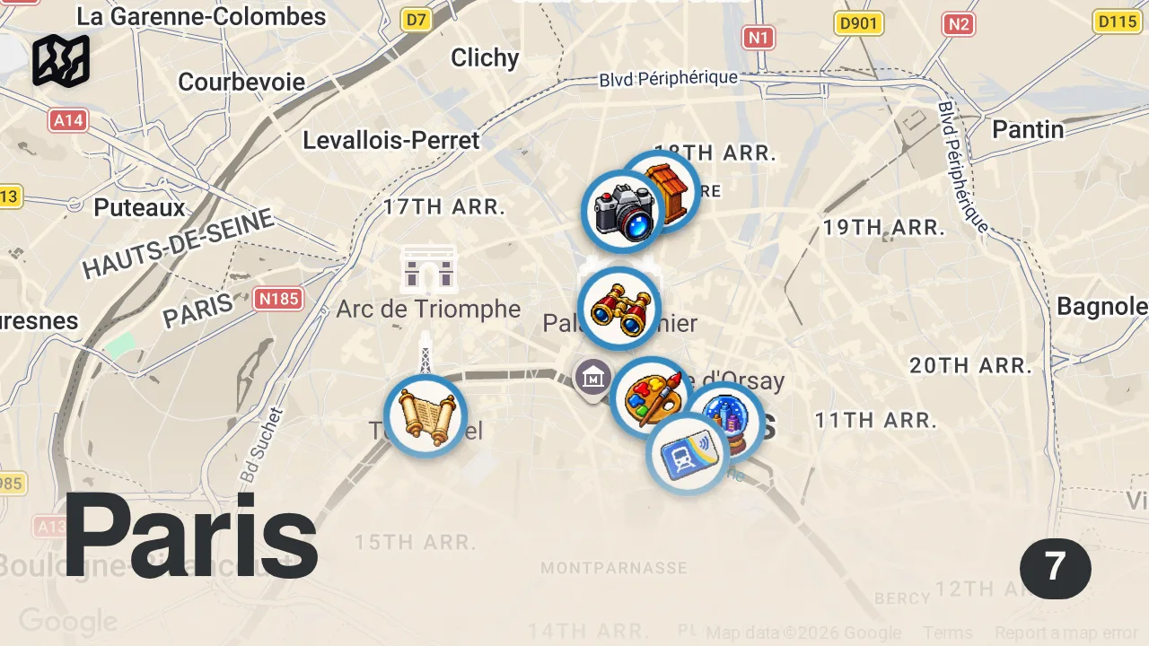 Map of 7 spots from Top 10 Des Plus Beaux Endroits à Visiter à PARIS FRANCE - Voyage Vidéo