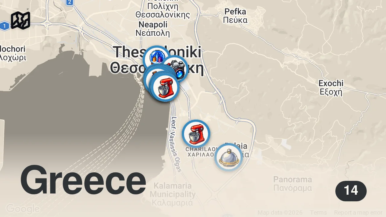 Map of 14 spots from Selanik Lezzet Rehberi | Souvlaki, Trigona Panoramatos, Köfte, Deniz Tarağı - Ayaküstü Lezzetler