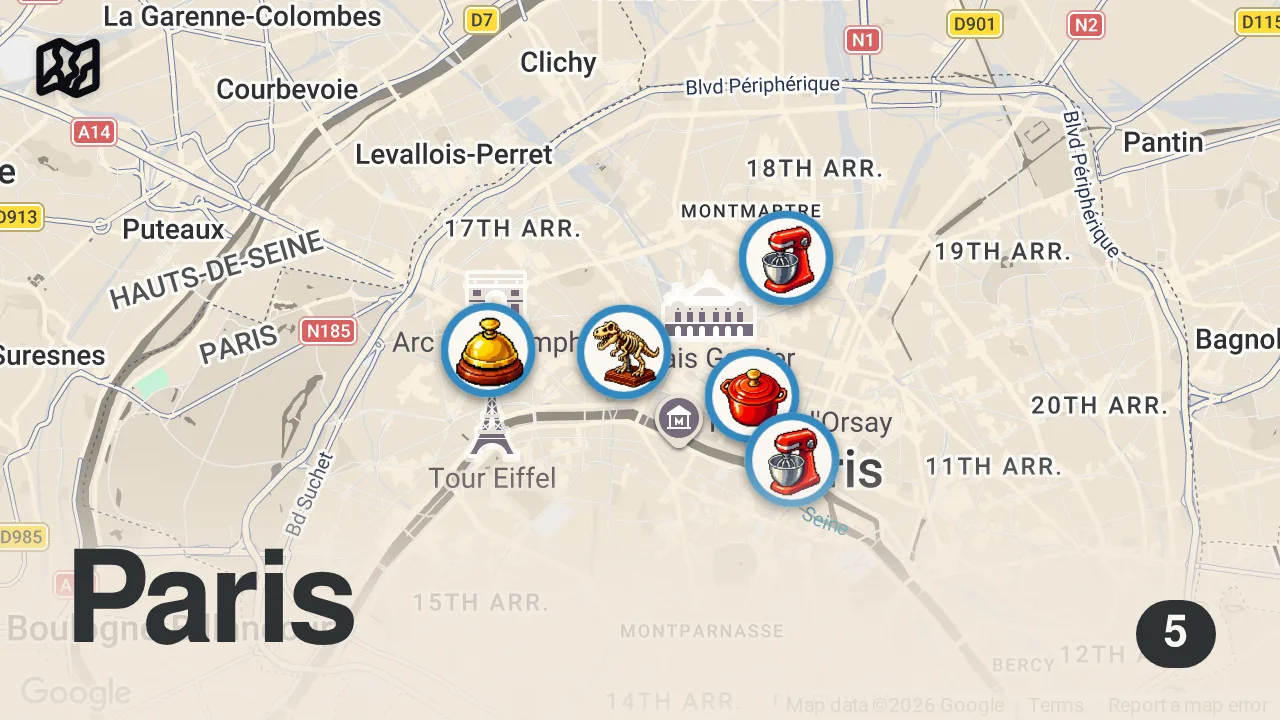 Map of 5 spots from I Tried a French Breakfast in Paris for $1, $10 and $100 (ft. Antoni Porowski)