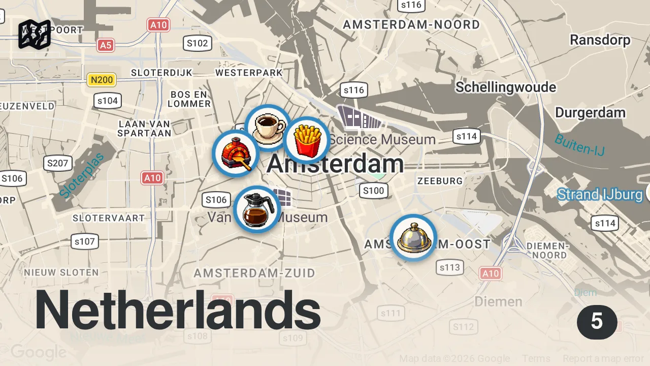 Map of 5 spots from Our favorite food spots in Amsterdam, all in one video! #streetfood #short #shorts
