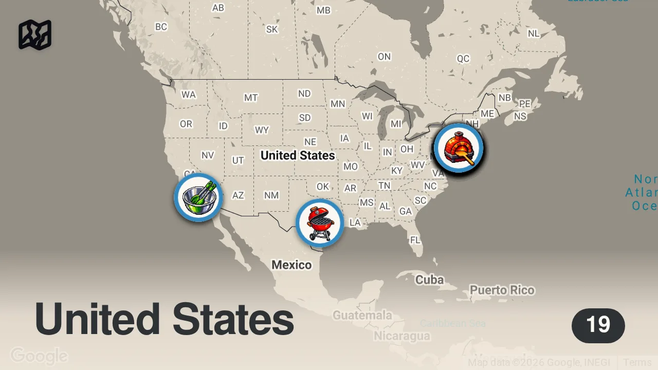 Map of 19 spots from I Tried Every Viral Restaurant in America