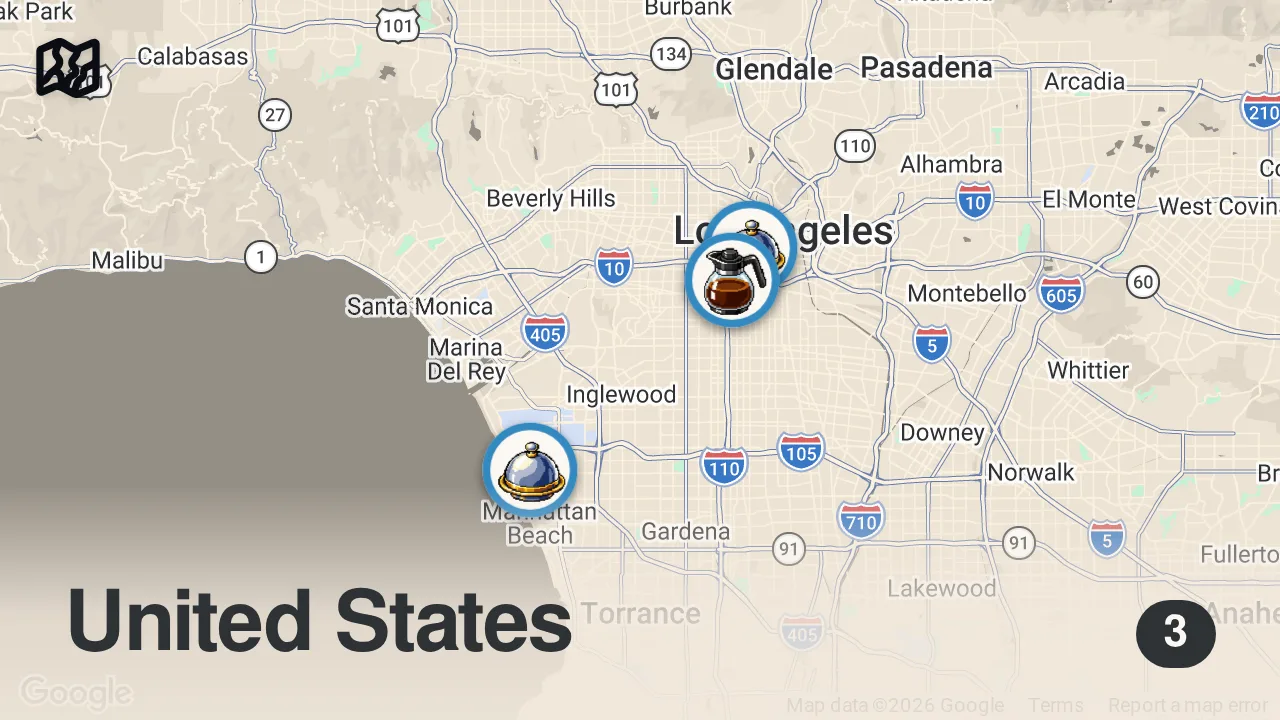 Map of 3 spots from I Only Ate DOG Restaurants for 24 hours... (Impossible Food Challenge)