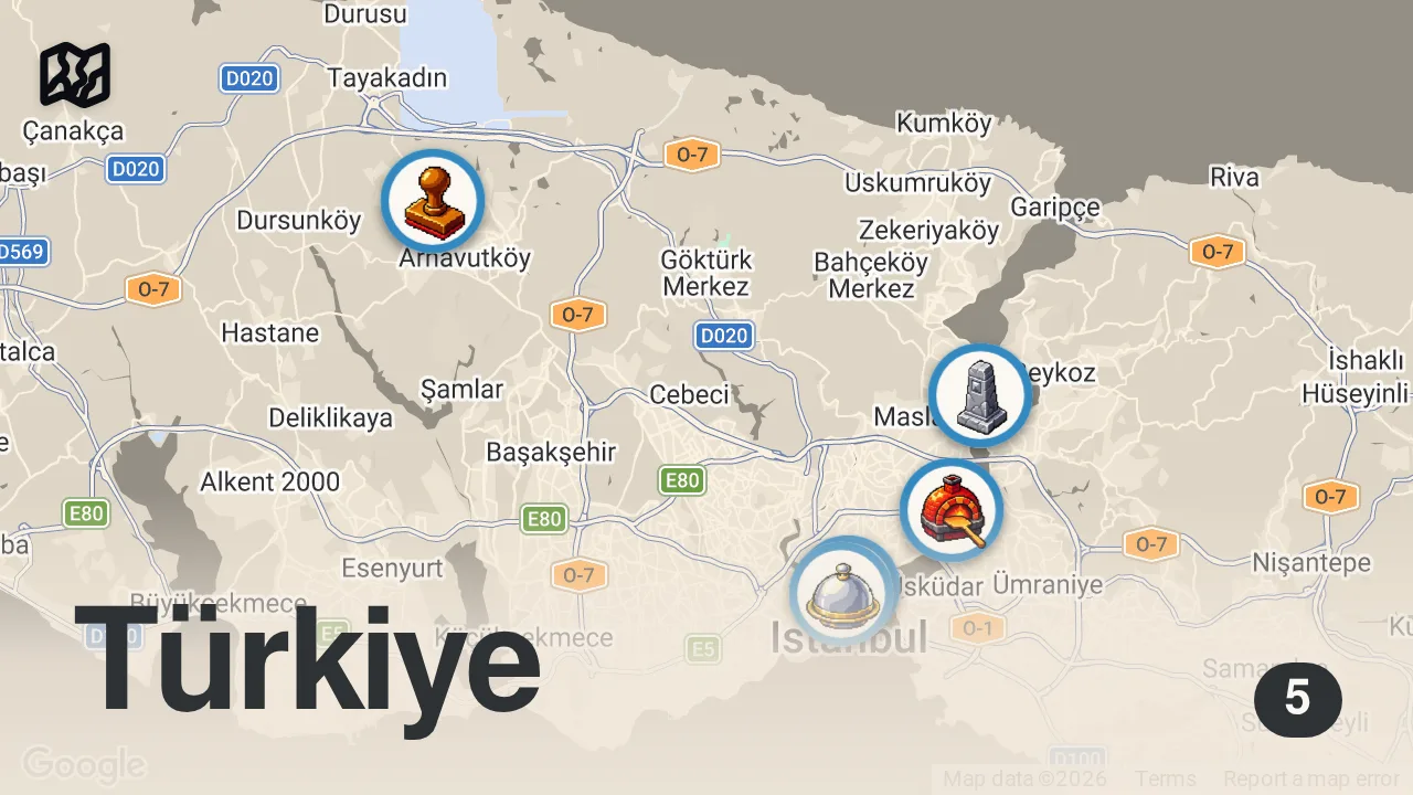 Map of 5 spots from İSTANBUL'UN SAHİL HATTI LEZZETLERİ (Su böreği, pizza, kokoreç, asma dolma) - Ayaküstü Lezzetler