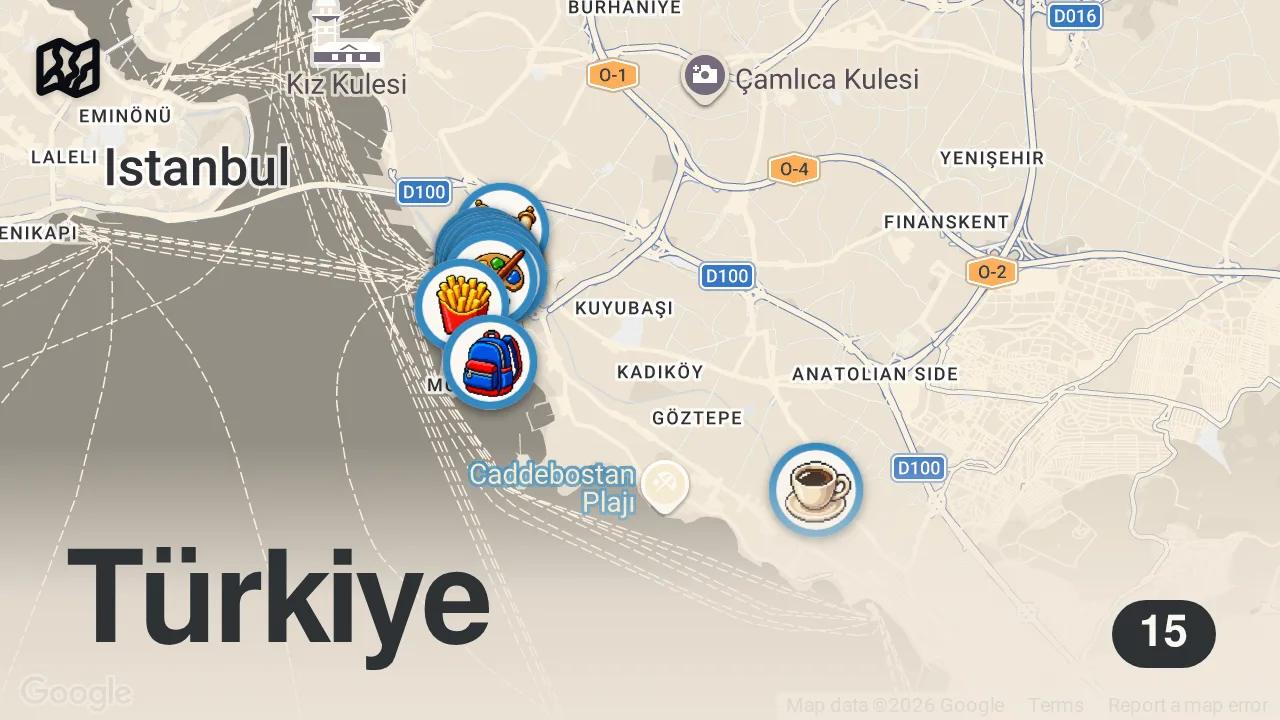 Map of 15 spots from Ahmet Mümtaz Taylan ile İstanbul Hesabı: Yeldeğirmeni