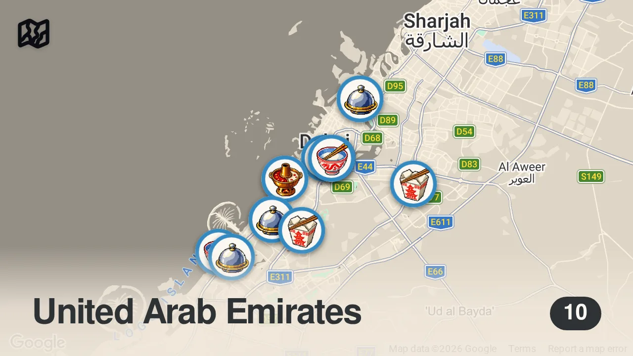 Map of 10 spots from 10 Best Chinese Food in Dubai 2026
