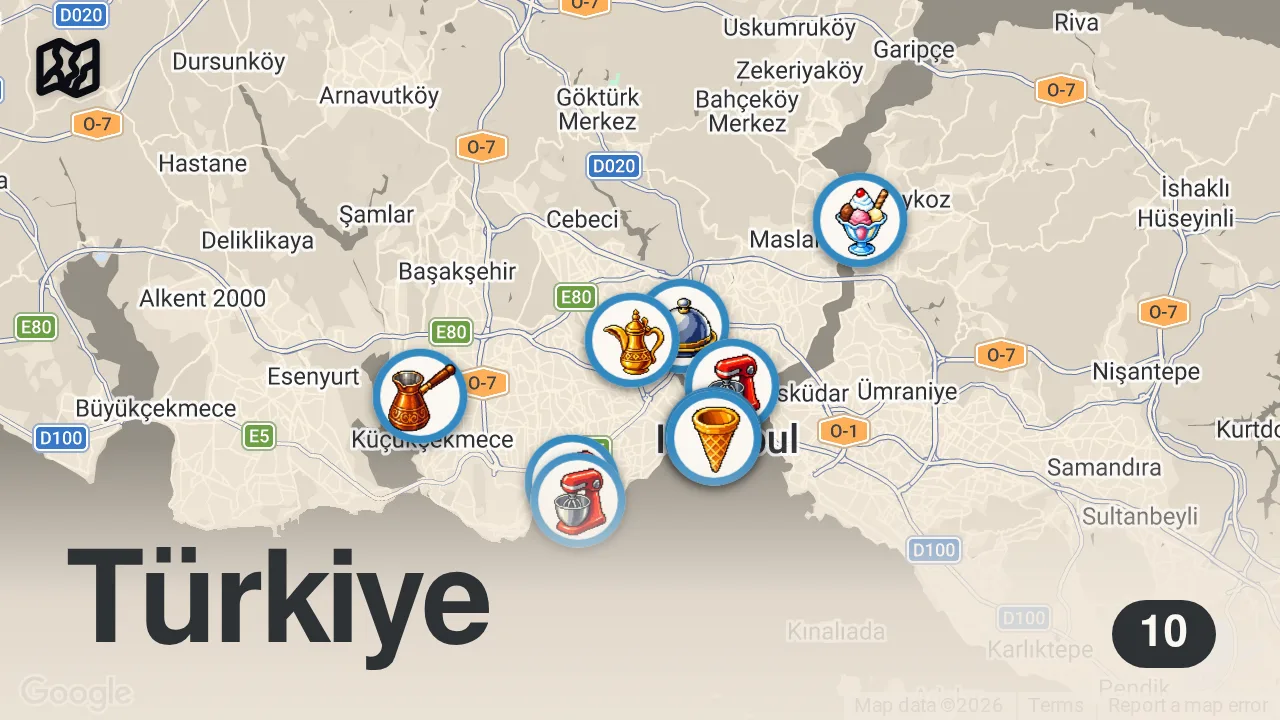 Map of 10 spots from İSTANBUL'UN 10 TL ALTI LEZZETLERİ - Çıtır çıtır lahmacun 8 TL - Ayaküstü Lezzetler