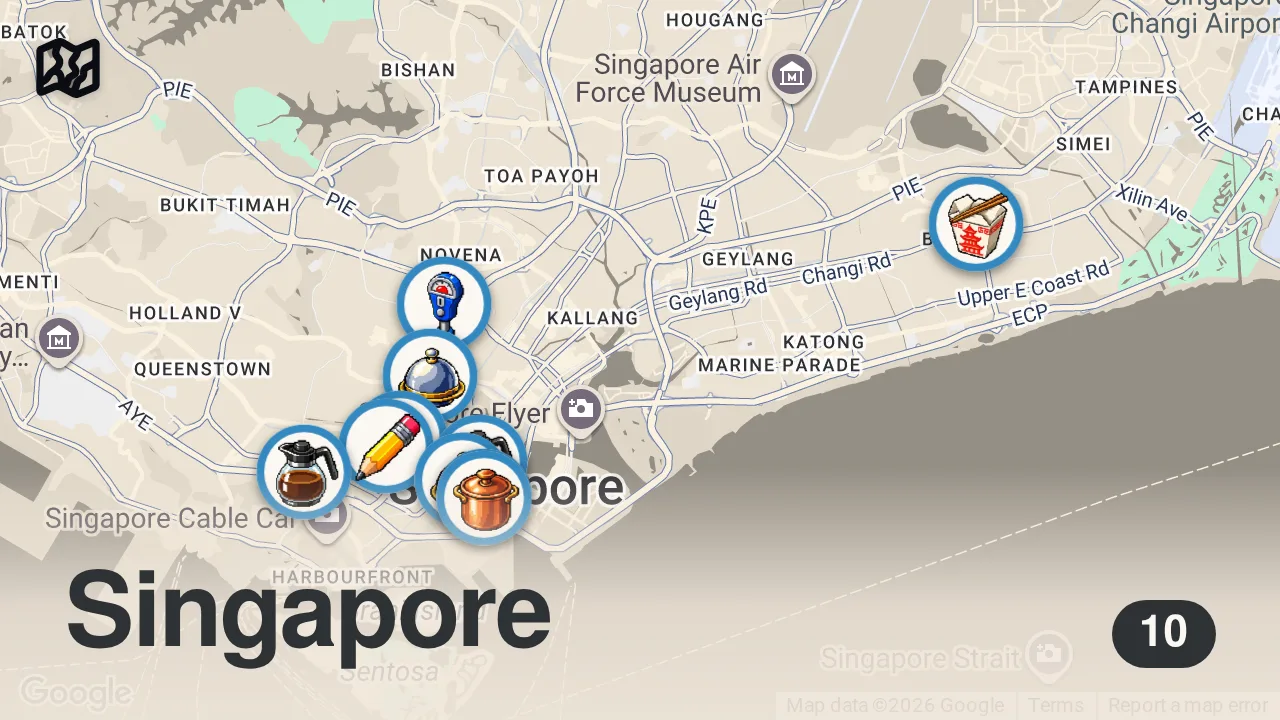 Map of 10 spots from Top 10 Singapore Street Foods (Which Dish Wins?)