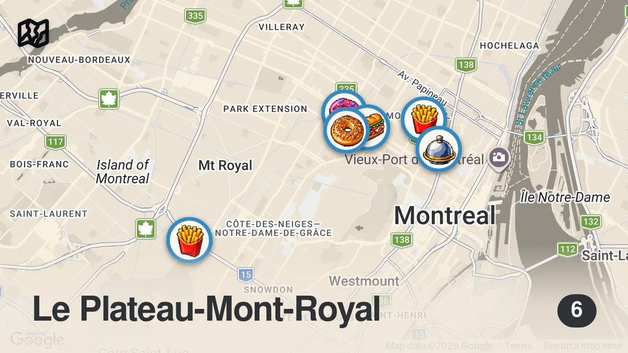 Map of 6 spots from 6 MUST EAT Restaurants in Montreal! | Jeremy Jacobowitz