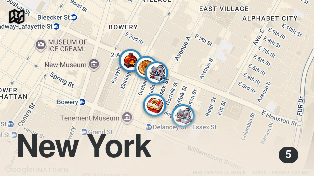 Map of 5 spots from Top 5 Must Try NYC Foods in the Lower East Side #nyc #food #NewYork #travel #visitnyc #nybucketlist
