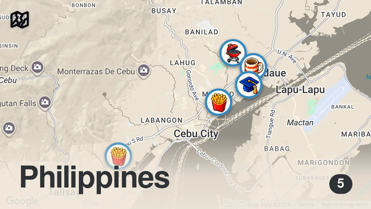 Map of 5 spots from Philippines Street Food!! 🇵🇭 5 EXTREME FOODS You Have to Try in Cebu - Best Filipino Food!!