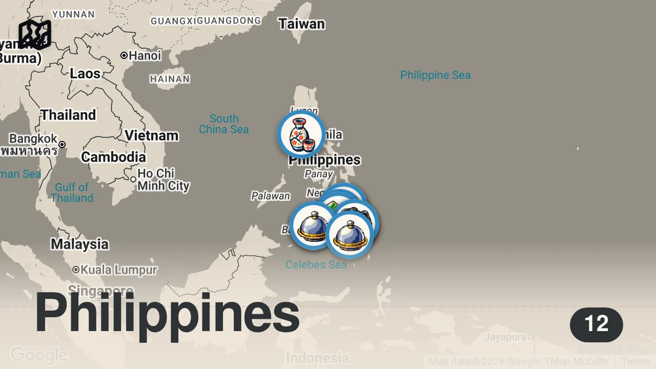 Map of 12 spots from Eating FILIPINO STREET FOOD for 7 Days!! 🇵🇭 Ultimate Philippines Food Tour [Full Documentary]