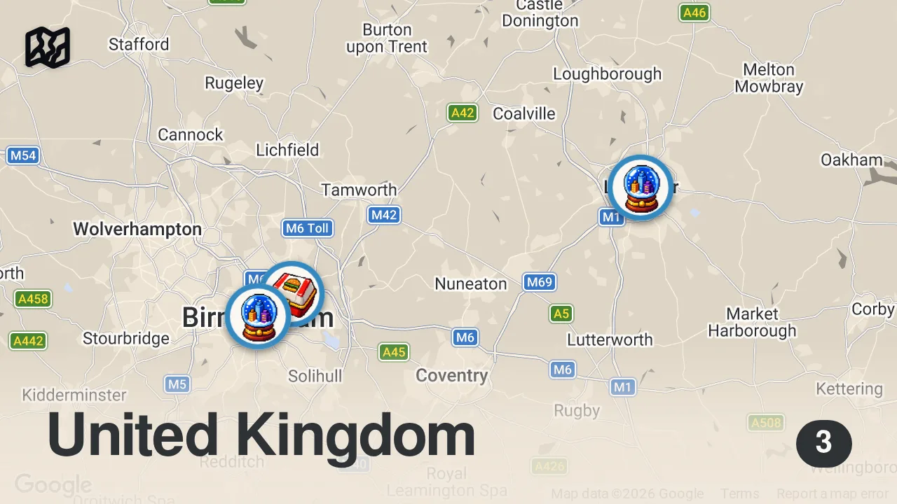 Map of 3 spots from Birmingham & Leicester food vlogs (first to try Halal five guys in the uk )