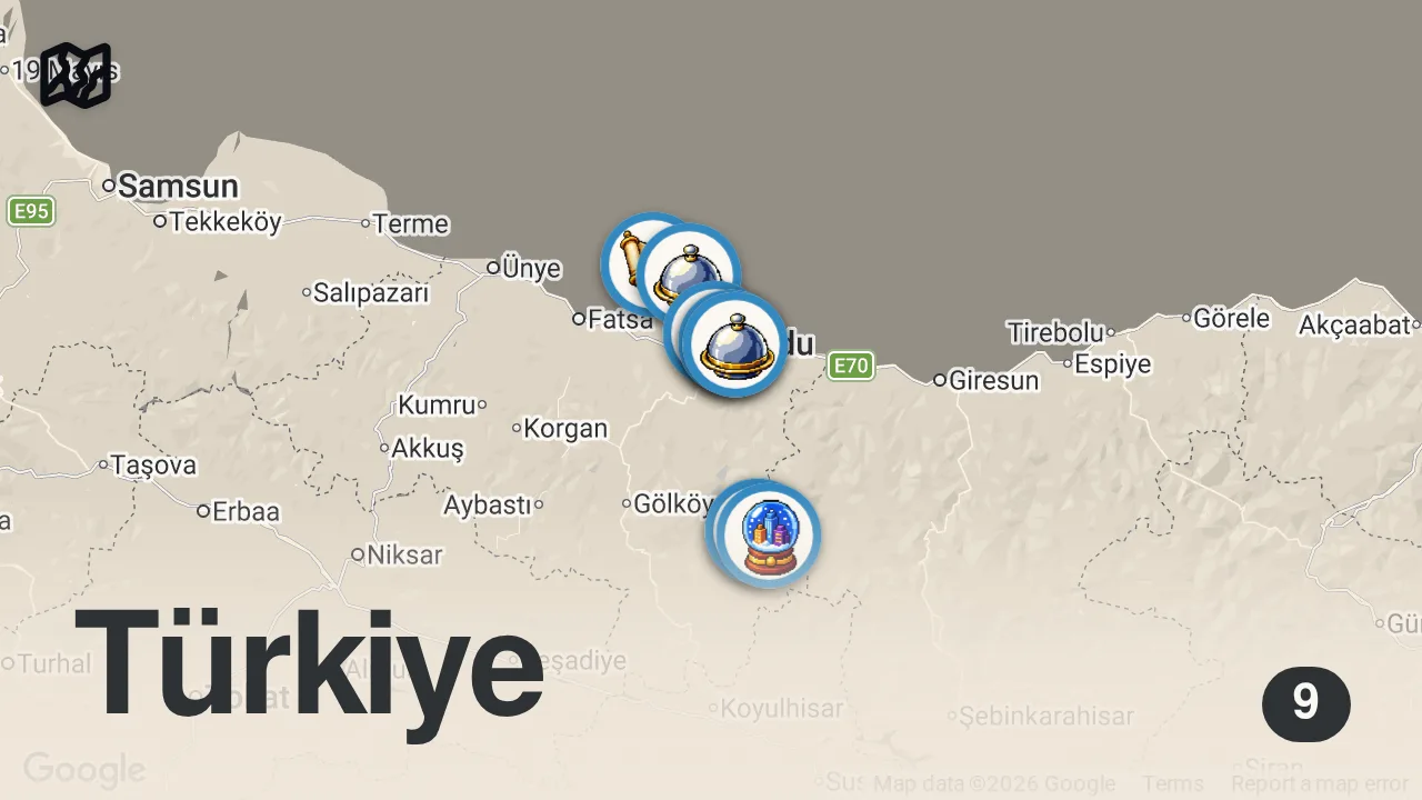 Map of 9 spots from ORDU LEZZETLERİ: Tost, pide, sade dondurma, Boztepe ve Çambaşı Yaylası