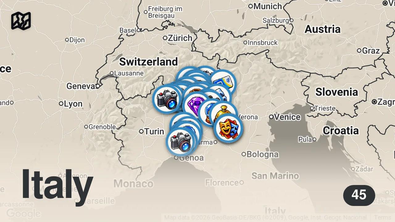 Map of 45 spots from La LOMBARDIA che non ti Aspetti: Ecco i 10 Luoghi da non Perdere