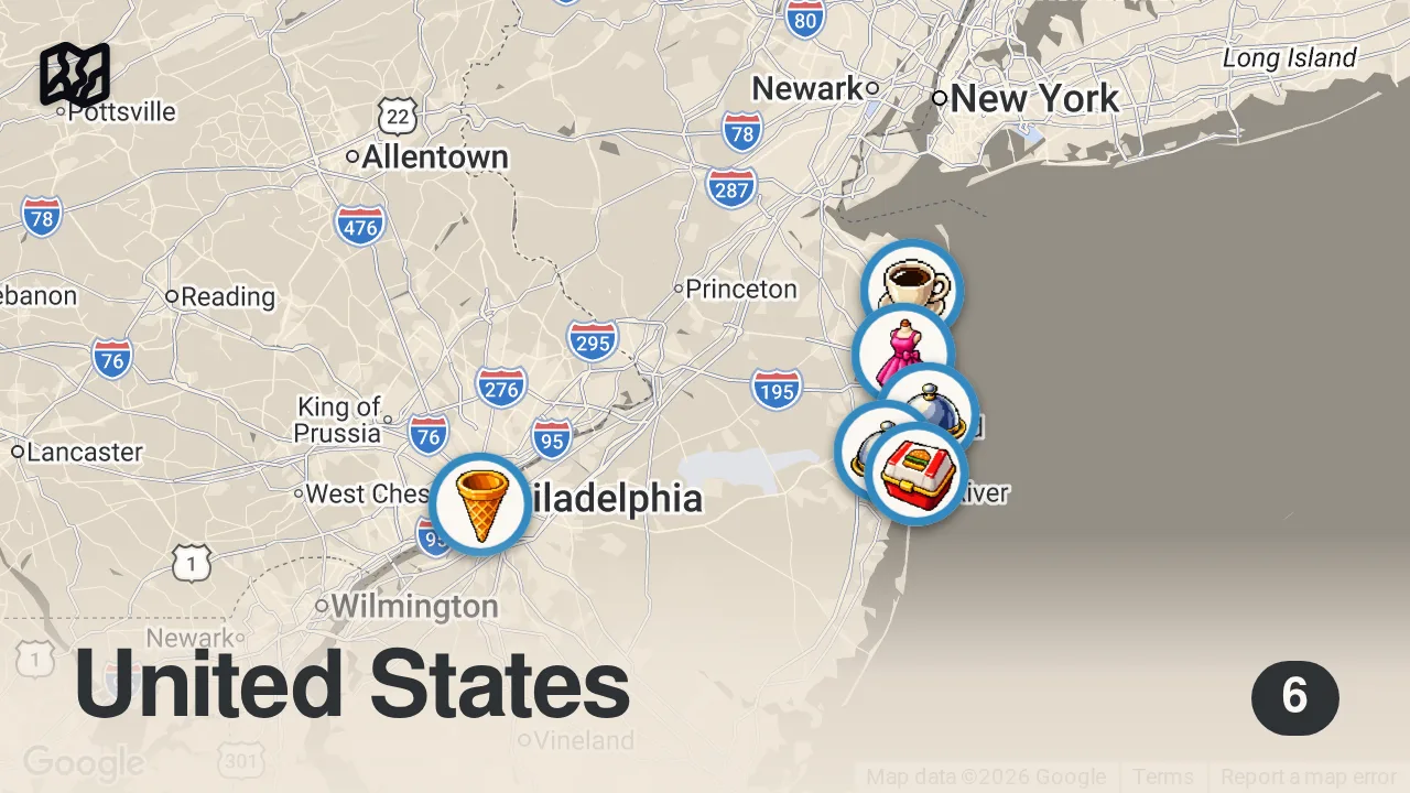 Map of 6 spots from A perfect off season day at the Jersey Shore.