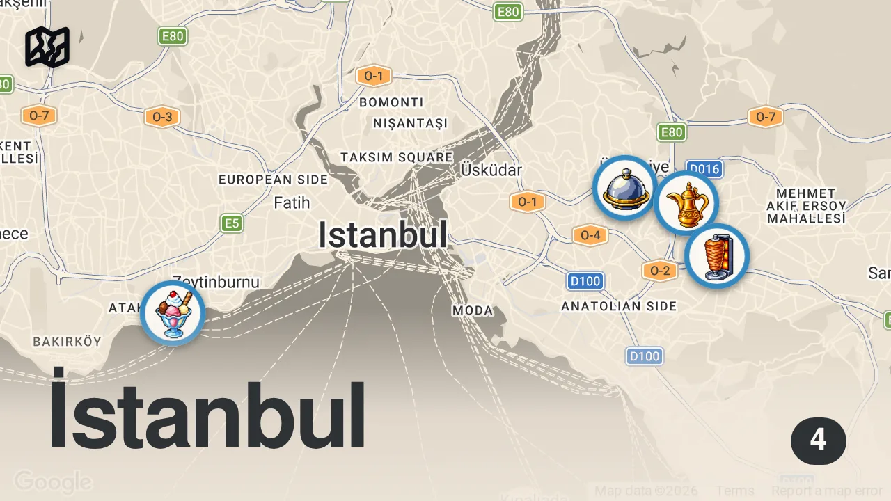 Map of 4 spots from İstanbul'un Saklı Lezzet Durakları: Dana Yanak, Özbek Pilavı ve Trabzon Pidesi | Hazer Amani
