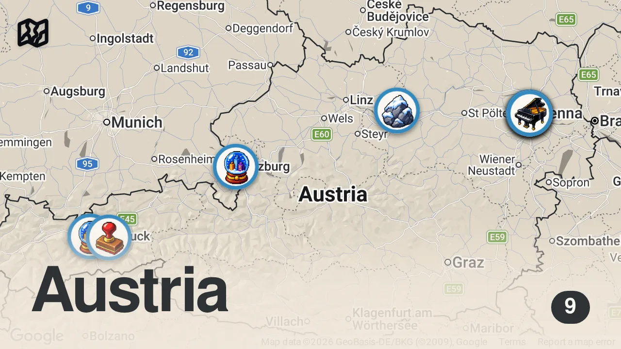 Map of 9 spots from Österreich entdecken: Fakten über Land, Leute und Leben im Herzen Europas 🇦🇹