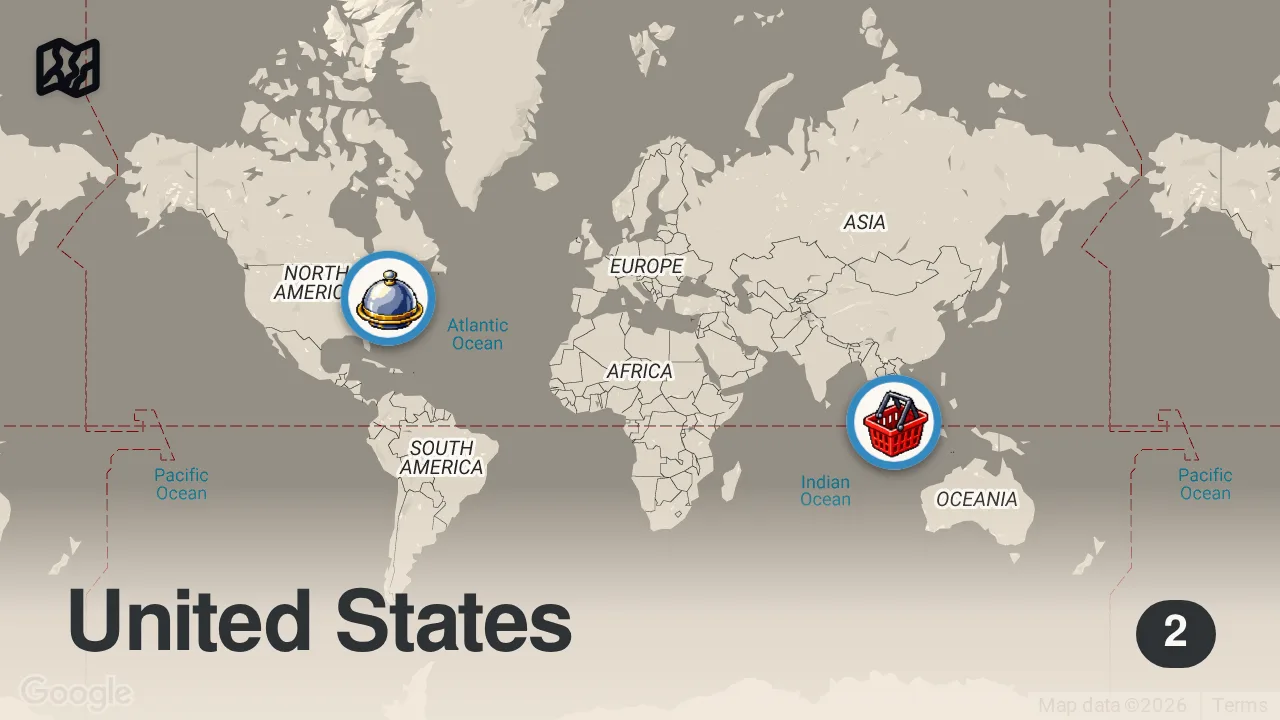 Map of 2 spots from Noodles of the World | Anthony Bourdain: No Reservations | Travel Channel