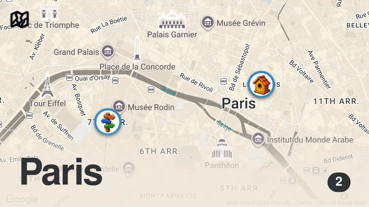 Map of 2 spots from Inside Paris’ Craziest Tiny Apartments