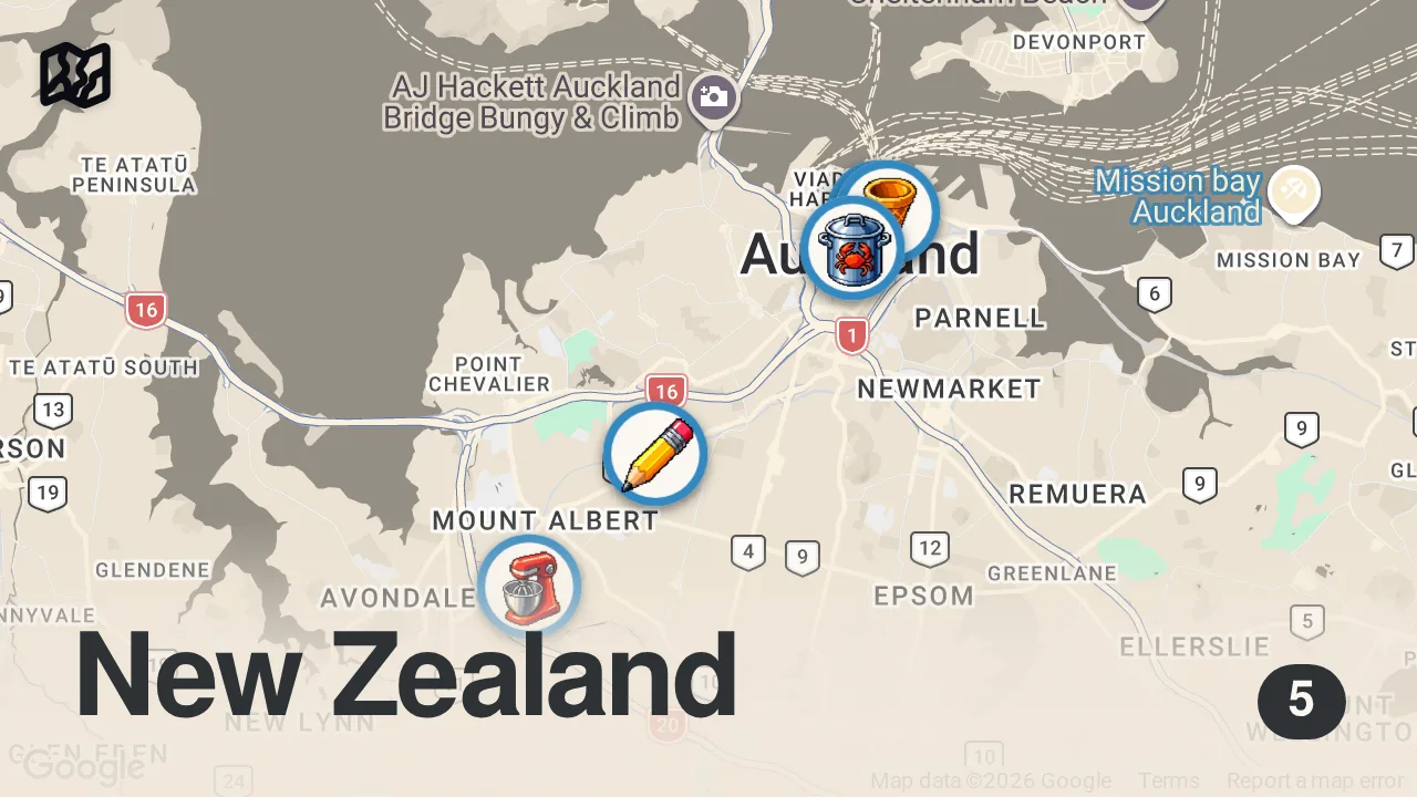 Map of 5 spots from 5 Must Eat Foods in New Zealand!! 🇳🇿 I Can’t Stop Eating!!
