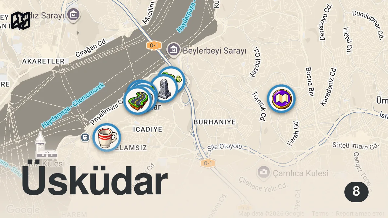 Map of 8 spots from Ziplining Over Bosphorus In Istanbul, Üsküdar, Türkiye (Grand Çamlıca Mosque, Nakkaştepe, Kuzguncuk)