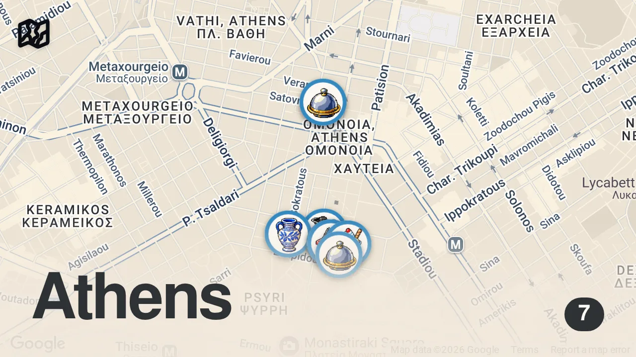 Map of 7 spots from Greek street food tour in Athens, Greece - KING OF SOUVLAKI + Best Greek street food in Athens