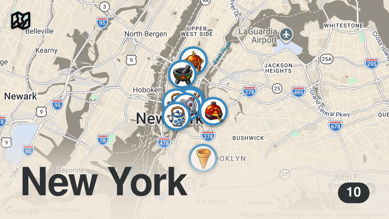 Map of 10 spots from Top 10 NYC Foods You MUST try Before you DIE