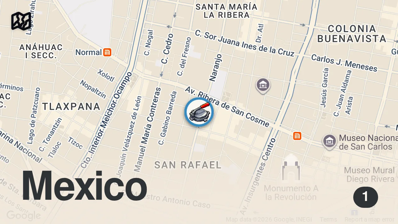 Map of 1 spot from Meat Jacuzzi Tacos in Mexico City!!