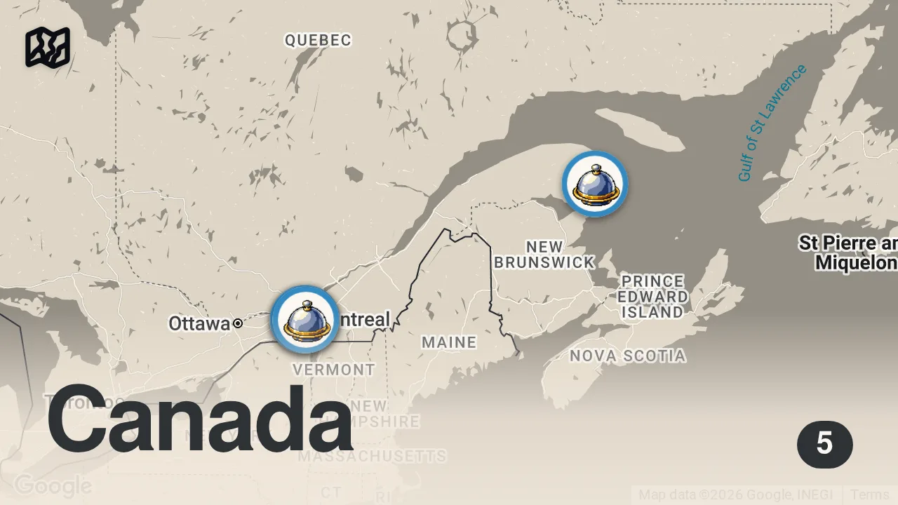 Map of 5 spots from 24 Hours of MONTREAL'S Best Food 🇨🇦 Smoked Meat, Bagels & Canada's #1 SEAFOOD POUTINE!