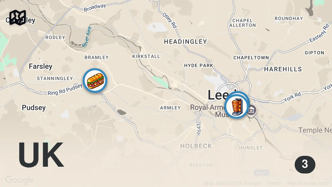 Map of 3 spots from 12 Hours Eating Leeds' BEST Food