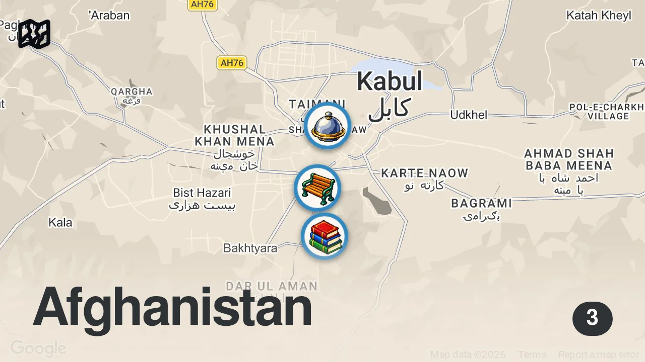Map of 3 spots from Don't Dare To Film In This Restaurant In Kabul! Afghanistan Under Taliban 🇦🇫