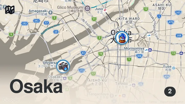 Map of JAPANI OSA 1: Pakkailua, matkustuspäivä ja ekat fiilikset Osakasta.