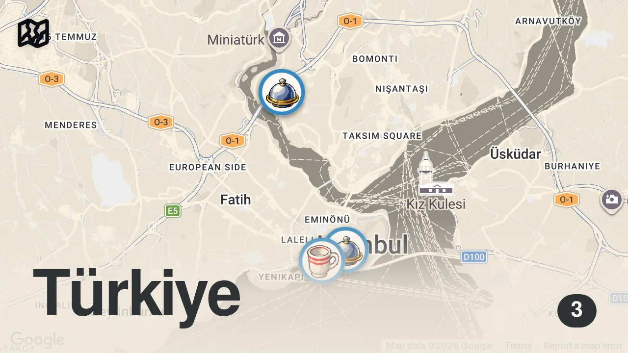 Map of 3 spots from İstanbul Kahvaltı Rehberi | Kavurmalı yumurta, bal-kaymak, egg burger