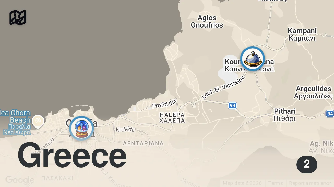 Map of 2 spots from Greek Surf & Turf in Crete 🇬🇷 Mitsos BBQ + Fresh-Caught Grouper Feast!