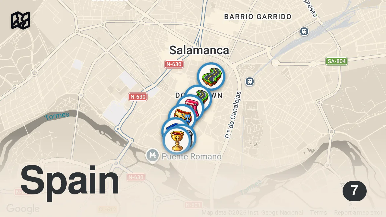 Map of 7 spots from ENCONTRAMOS la MEJOR CIUDAD para VIVIR BARATO en ESPAÑA 🇪🇸 (SALAMANCA)