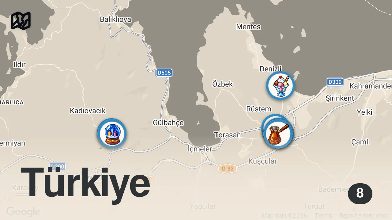 Map of 8 spots from Misafirim Var: Emir Yargın - Çakal Lezzetler | Urla lezzetleri, köyde kahvaltı, rakı muhabbeti