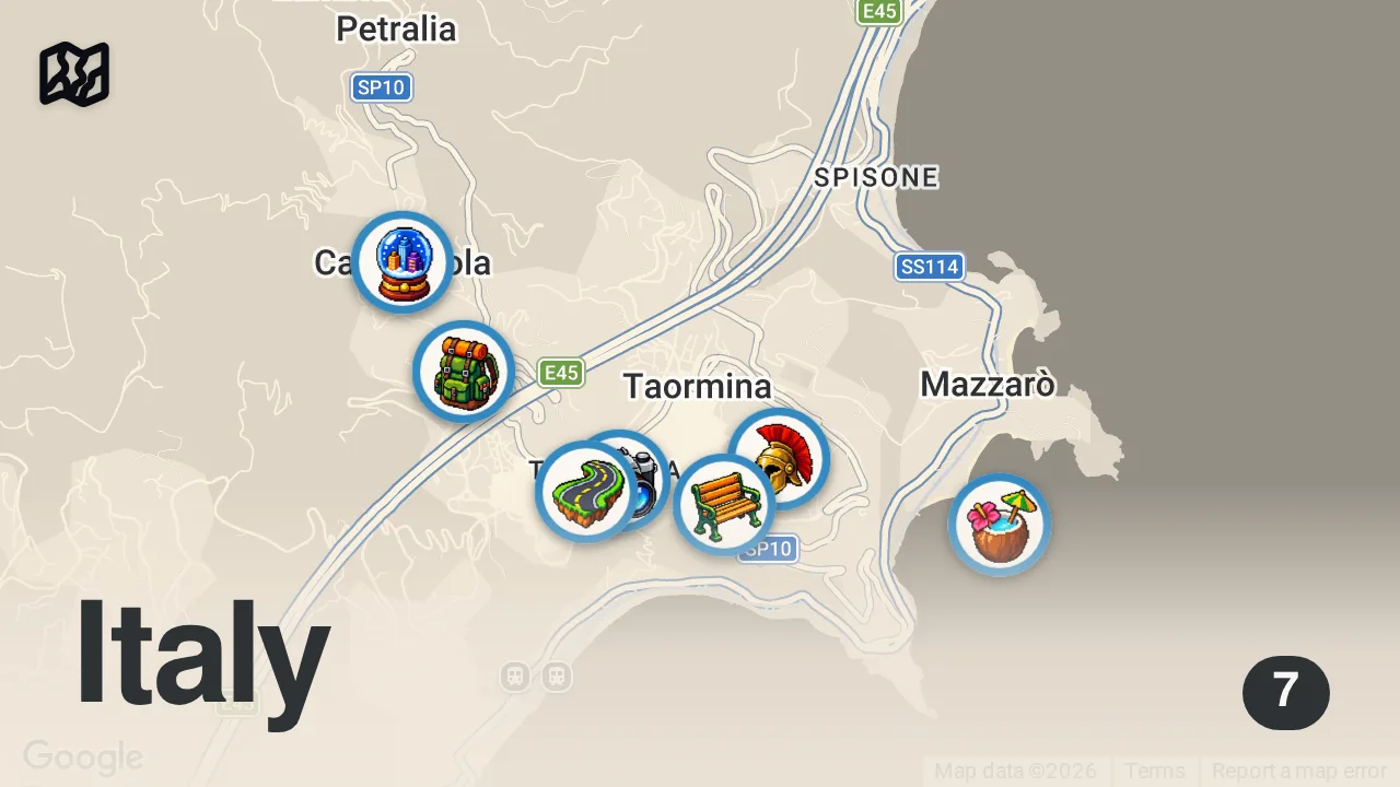 Map of 7 spots from Najpiękniejsze miasteczko na Sycylii i ukryta perełka ❤️ #taormina #castelmola #sycylia #włochy